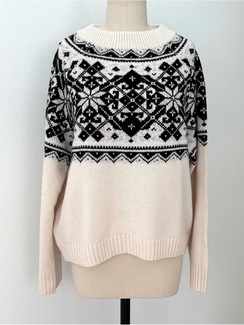 J Crew Fair Isle Snowflake Mock Neck Sweater NWT Cream Black Wool Classic XL
